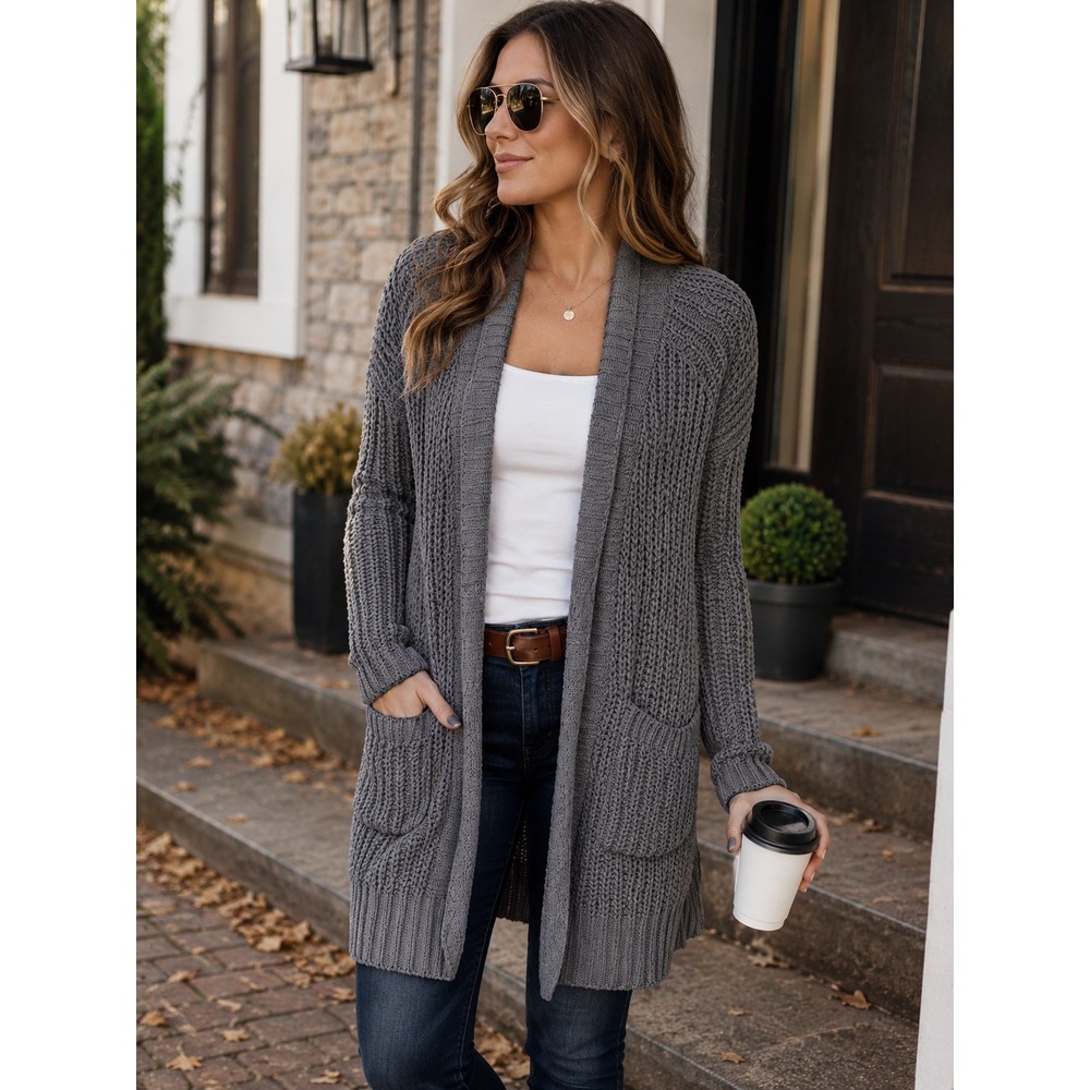Jodifl Womens Charcoal Grey Chenille Open Front Longline Cardigan Sweater Medium